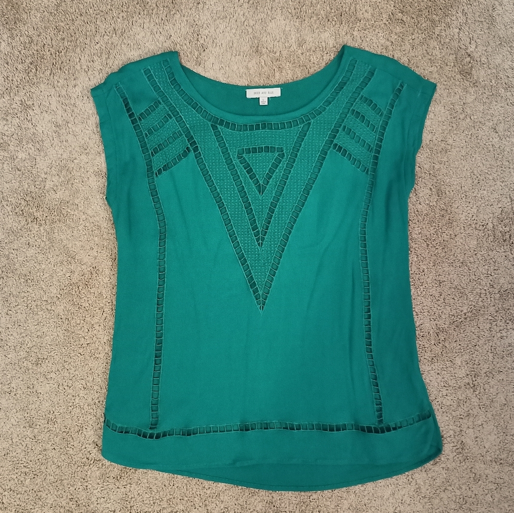 Skies Are Blue Embroidered Blouse | sz S, green, short sleeves